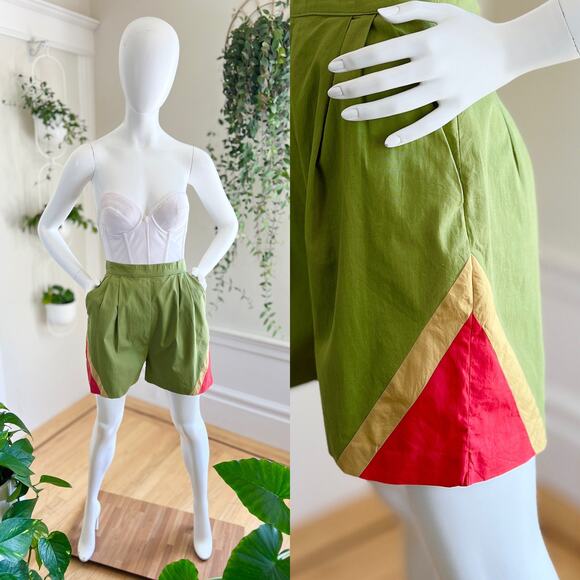 Vintage 1950s Shorts 50s Color Block Cotton High Waist Olive Army Green Pin Up